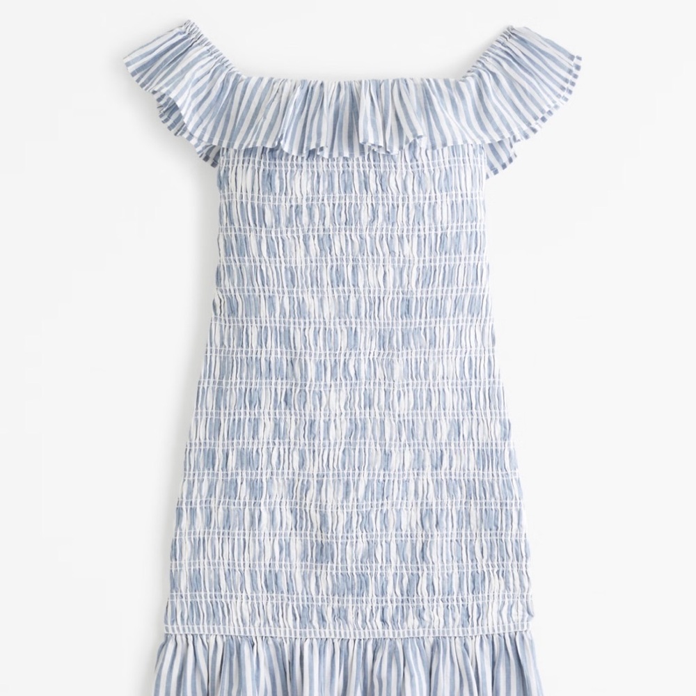 Abercrombie & Fitch Smocked Blue and White Striped Off-Shoulder Dress